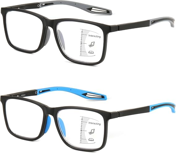 Missfive 2 Pack Sporty Office Varifocal Reading Glasses for Men, Near-Intermediate Progressive Readers with Spring Hinges