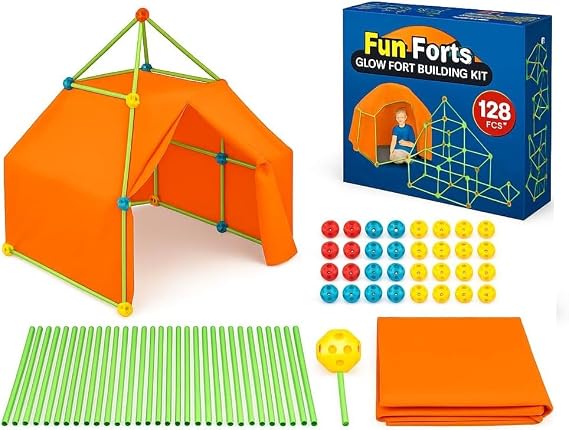 Fun Fort 129 Pcs Building Kit for Kids Glow in The Dark DIY Construction Den Tent House Making STEM Toys Indoor Outdoor with 80 Rods, 48 Spheres Balls & 1 Cloth Sheet for Boys and Girls