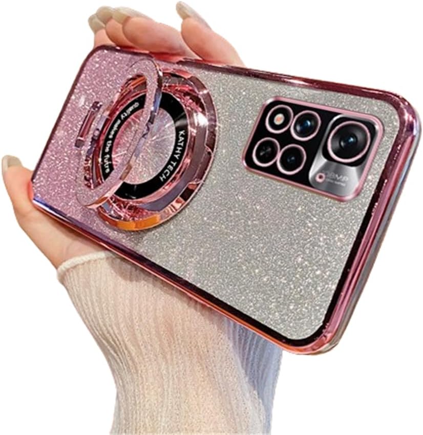 Glitter Case for Redmi Note 11 Pro 4G, Electroplate Flash Shell for Girls Women Ring Stand Function Camera Protector Shockproof Transparent TPU Cover for Redmi Note 11 Pro 5G. Pink DS