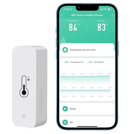 WiFi Hygrometer Thermometer Sensor, Wireless Temperature and Humidity Sensor for Indoor and Outdoor Use with Remote App Notification Alarm, Works with the Tuya App (1 Pack)