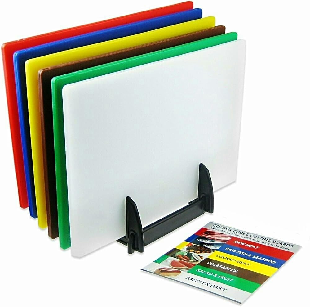 Stalwart 6 x Colour Coded Chopping Boards Set Incl Rack and Wall Chart 450x300x10mm. LDPE Hygienic and Easy to Clean