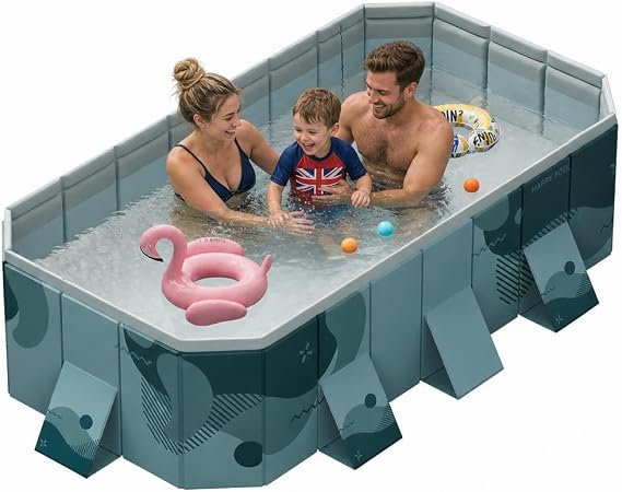 Foldable Pool Non-Inflatable Swimming Pool for Family Adults Hard Plastic Shell Collapsible Rectangle Swimming Pool for Outside Backyard(3m)