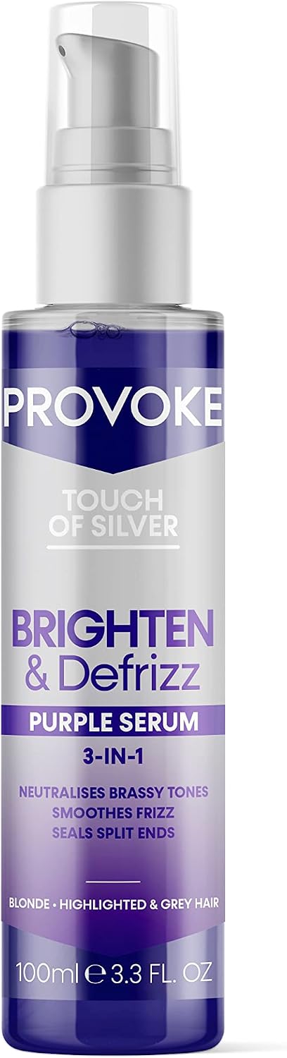 PROVOKE Touch of silver Brighten and Defrizz Purple Serum 100 ml. Neutralise Brassy Tones. Anti Frizz, Seal Split Ends. Plant-Based Keratin. Purple Pigments. For Blonde, Highlighted and Grey Hair