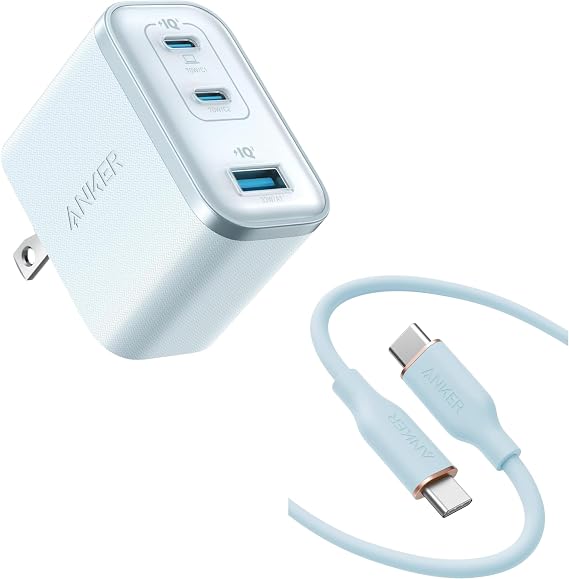 Anker Nano Charger 70W, 3 Ports & Anker PowerLine III Flow USB-C & USB-C Cable Blue