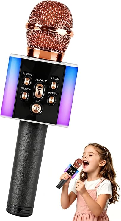 Wireless Bluetooth Microphone with 7-Color LED Lights - 2-in-1 Karaoke Mic & Bluetooth Speaker,Karaoke Gift for Kids/Adults (rose gold)