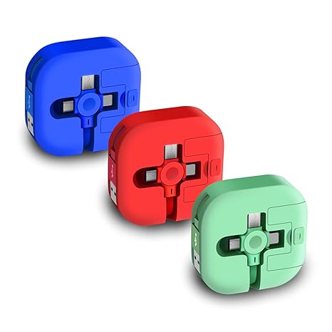 3 Pcs Retractable 3-in-1 USB Charging Cable, 3.28ft USB A to USB-C/Micro USB/Apple Device Interface, Fast Charging & Data Sync, Compatible with iPhone/Android/Tablet (Blue+Green+Red)