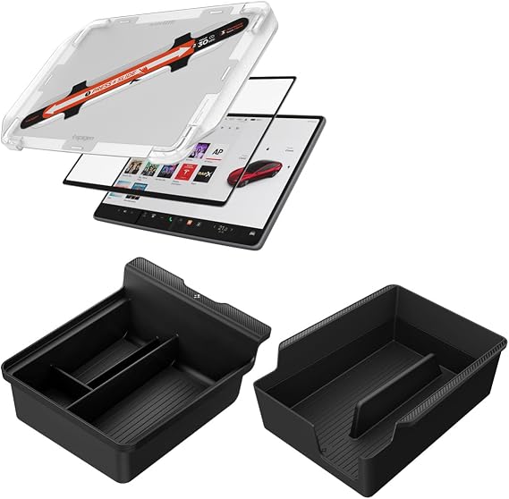 Spigen Tesla Bundle - Screen Protector & Centre Console Organiser Tray & Armrest Centre Console Organiser Tray for Tesla Model Y 2020-2024 and Model 3 2017-2023