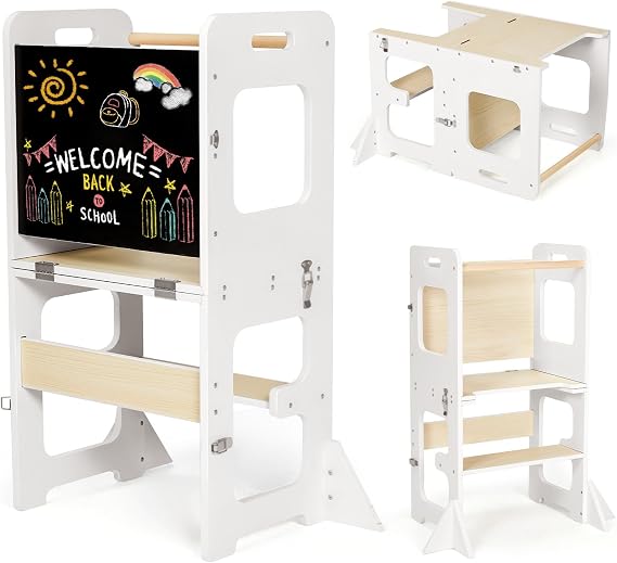Labebe Learning Tower, Montessori Folding Tower for Children, Multifunctional Learning Tower with Chalkboard, 3 in 1 Torretta Learning Tower from 1 Year Old - White and Wood