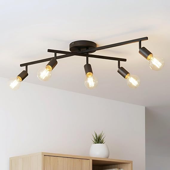 LVWIT Ceiling Lights Spotlight 5 Way Spot Lights Adjustable E27 Kitchen Lights,Black Light Fittings Ceilings,Industrial Ceiling Spotlight Fitting for Kitchen Living Room Hallway Bedroom(NO Bulbs) [Energy Class A]