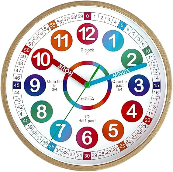 Youshiko Time teaching Learning Clock for Kids, Extra Large Silent Analogue Wall Clock for Classrooms and Kids' Bedrooms - Children Learn (Brown)