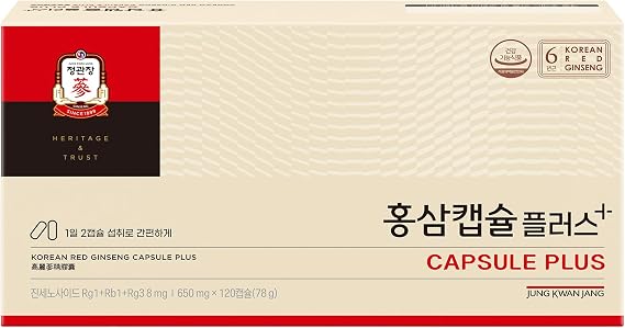 JungKwanJang | Korean Red Ginseng Capsule Plus (650mg x 120 Capsules) | Panax Ginseng Supplement | Caffeine Free | Daily Energy, Immune Support, Blood Circulation | Vegan Friendly