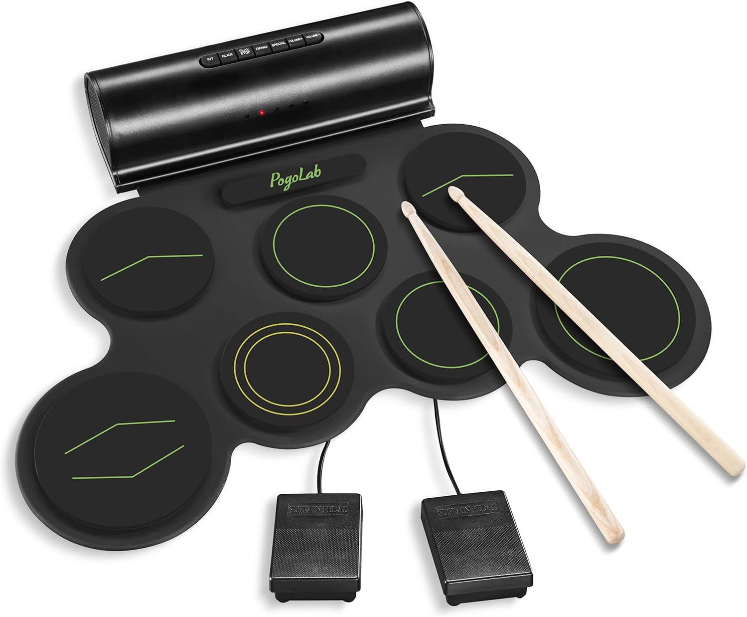 POGOLAB Roll-up E-Drum Set 7 Digital Drum Pad Drums Electronic Bluetooth Function with Two Stereo Speakers/Drumsticks/Headphone Slot 10 Hours Runtime for Beginners