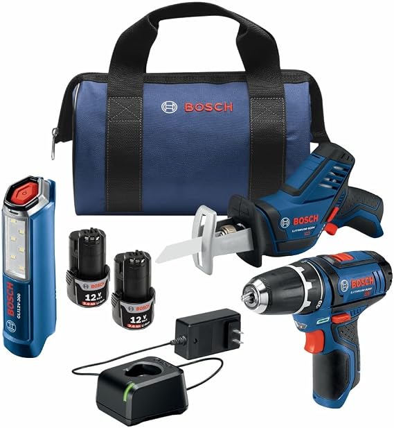 BOSCH GXL12V-310B22-12V Power Tool Combo Kit, 3/8" Drill / Driver, Pocket Reciprocating Saw and LED Work Light
