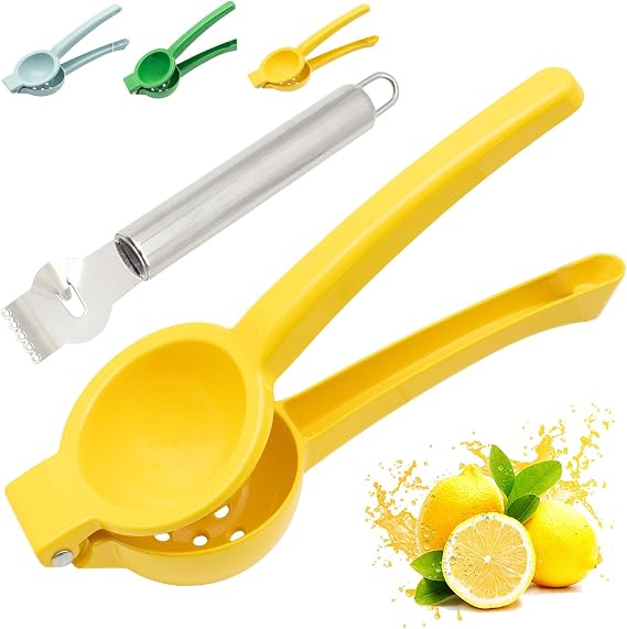 Lemon Squeezer, Large Manual Citrus Press Juicer, Lime Squeezers, Stainless Steel Kitchen Hand Fruit Juicer Gets Every Last Drop Tools, Max Extraction Handheld Bar Tool with lemon zester - Yellow