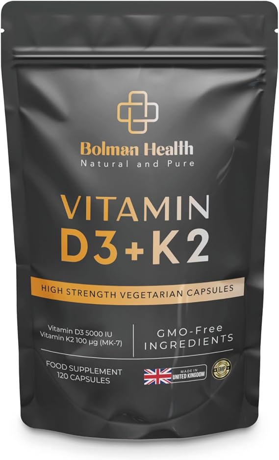 Vitamin D3 + K2 Capsules | 5000 IU Vitamin D3 & 100µg Vitamin K2 MK-7 | Supports Bones, Teeth, Muscles & Immune Function | 120 Vegetarian Capsules | Non-GMO | Gluten-Free Vitamin D Supplement