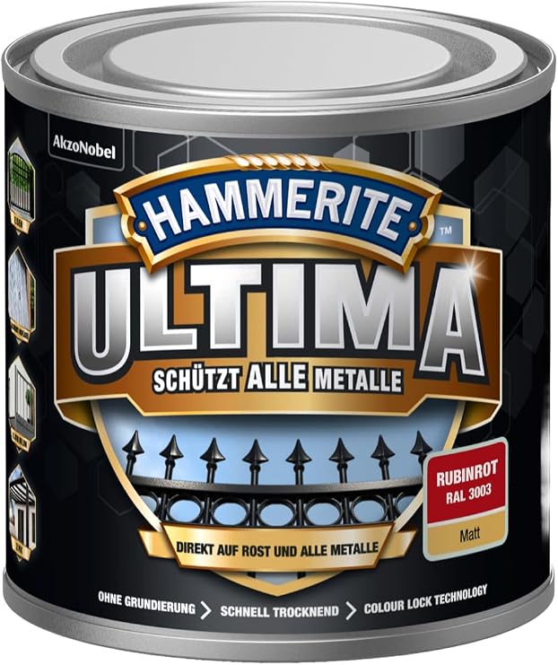 Hammerite Ultima Matt Metallschutzlack Hochwertiger Schutzlack für alle Metalle im Außenbereich Rubinrot RAL3003 250 ml