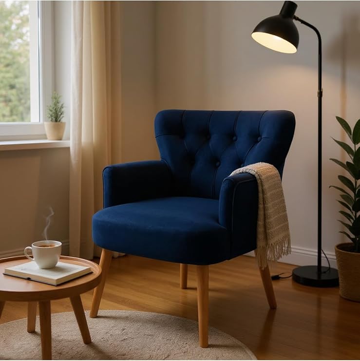 Modern Berjer Tekli Koltuk – Lacivert Babyface Kumaş, Ceviz Ayak, | Salon, Oturma Odası, Balkon İçin