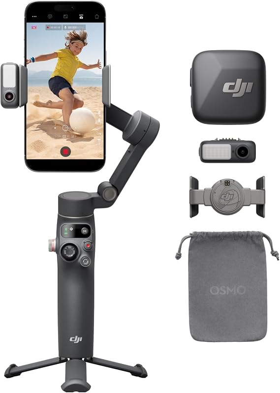DJI Osmo Mobile 7P+Mic Mini Transmitter, Gimbal Stabilizer for iPhone & Android, Native Tracking, Lighting, 3-Axis Smartphone Gimbal, Instant Filming, One-Tap Editing, Built-in Extension Rod & Tripod