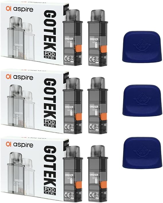 Aspire GOTEK POD Cartridges 3 Boxes 6 Total + GOTEK Compatible Silicone Caps 3 Pack 0.6Ω, Silicone CapBlue