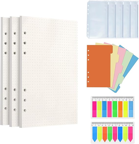 Lined Refill Paper Kit for Filofax Personal Size Planner/Binder, A6 Notebook Binder Set, Lined Paper, Planner Inserts, 180 Sheets, 5 Dividers + 5 PVC Pockets + 2 Pack Colored Index Tabs