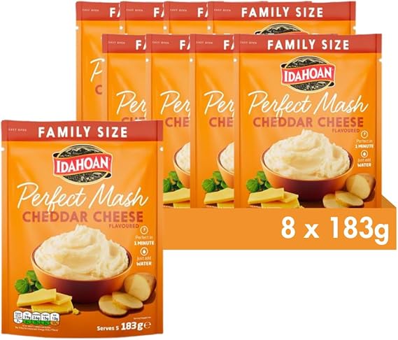 Idahoan Perfect Mash Potato Cheddar & Cheese Family 183g - Gluten Free Instant Mash Potatoes Cooks in 1 Minute Ready to Eat (Pack of 8)