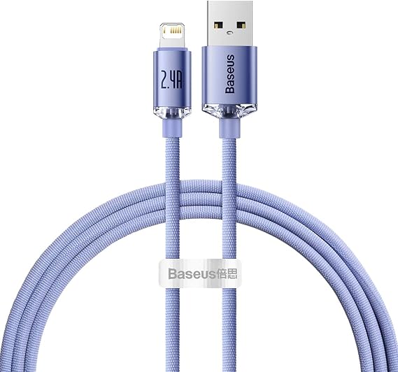 Baseus Crystal Shine, 2.4 A USB-A & Lightning Data ve Şarj Kablosu, 1.2 Metre, Mor, ‎CAJY000005