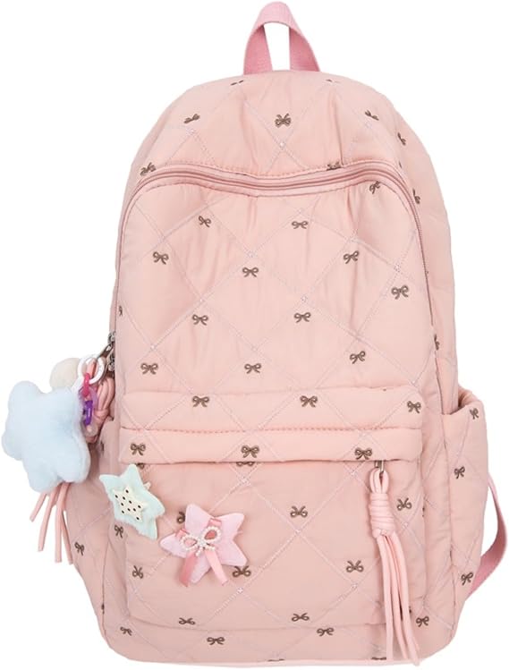 Women's Quilted Cute Aesthetic Backpack Bow Print Lightweight Puffer Laptop Book Bag for College Travel Daypack
