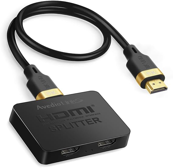 avedio links 8K HDMI Splitter 1 in 2 Out with 4ft 8K HDmi Cable, 4K@120Hz HDMI 2.1 Splitter for Dual Monitors, Support HDCP2.3, VRR, ALLM, Dol-by Vision,Atmos, 48Gbps Mirror Only(Not Extend)