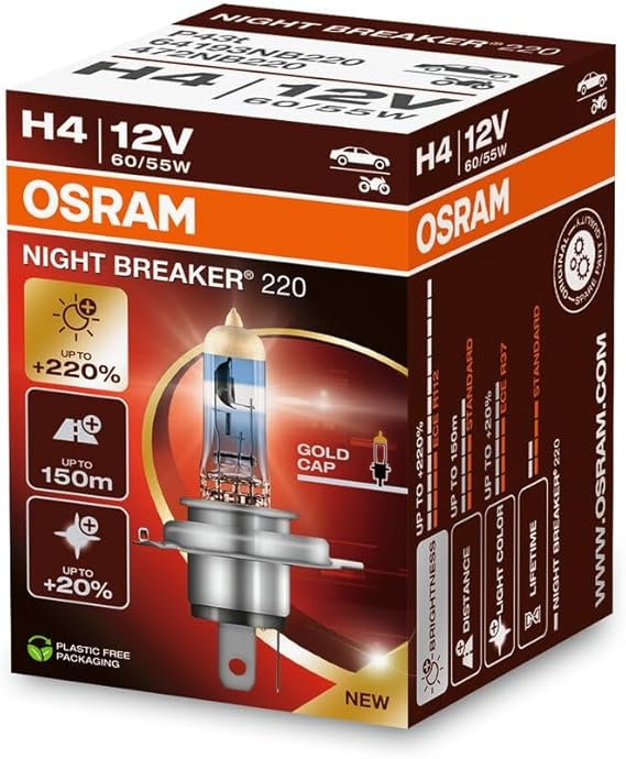 OSRAM H4 NIGHT BREAKER 220% Daha Güçlü Işık (1Adet), 12V, 60/55W karton kutu [Enerji Sınıfı A]