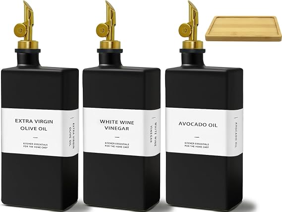 Olive Oil Dispenser Bottle for Kitchen with Bamboo Tray- Glass Oil and Vinegar Dispenser Set 16.9oz, Soy Sauce & Syrup Bottle, Modern Hostess Gift (Black, 16.9oz, Set of 3)