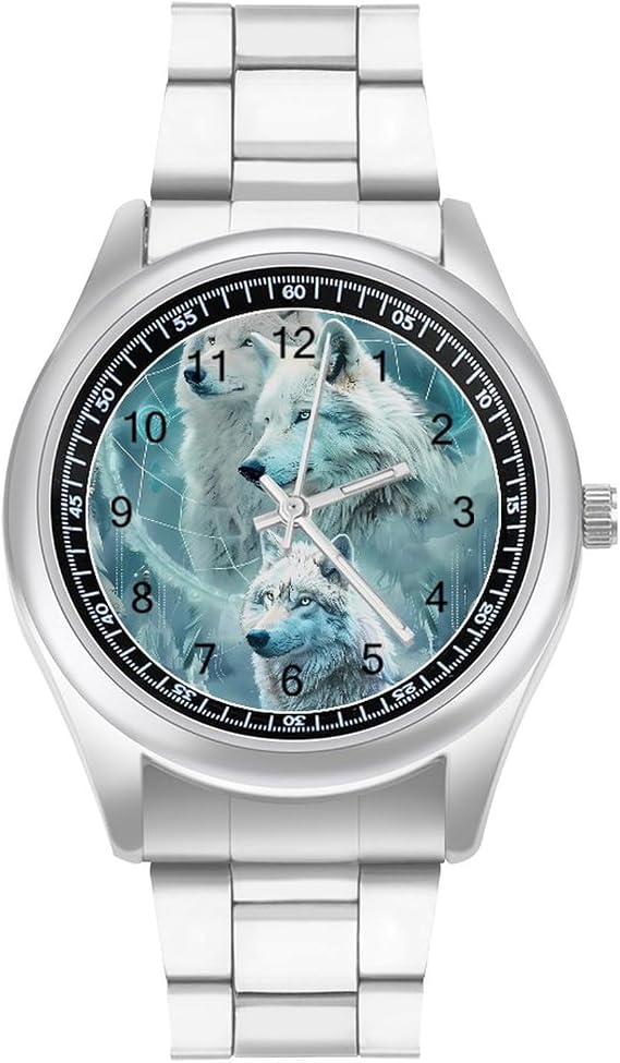 Dream Catcher Wolf Quartz Watch Stainless Steel Wrist Watches for Men Women Easy to Read