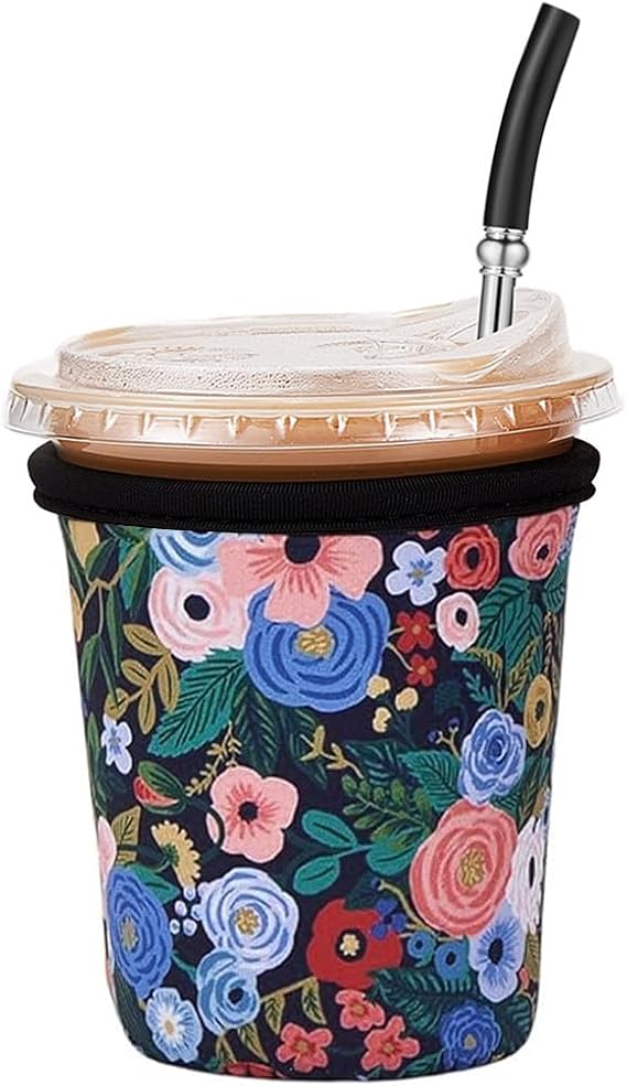 reusable Insulated Neoprene Iced Coffee Beverage Sleeves Cold Drink Cup Holder for Starbucks Coffee, McCafe, Dunkin Donuts, Tim Hortons and More, Flower II-1 Pack Small