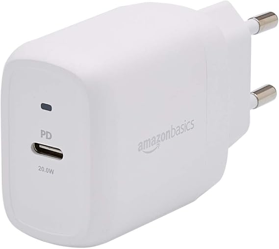 Amazon Basics Wall Charger with 20W USB-C 1-Port, Non-GaN, EU Plug, White, 2.8 x 8.5 x 4.2 cm