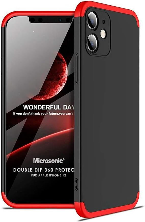 Microsonic Apple iPhone 12 için Kılıf Double Dip 360 Protective Siyah Kırmızı [iPhone 12 ile Uyumlu Kılıf - Siyah - Kırmızı]