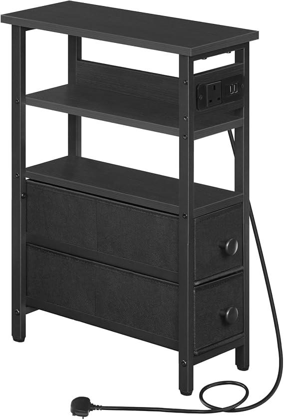 HOOBRO Side Table with Charging Station, Narrow Side Table with 2 Non-Woven Drawers, USB Ports and Power Outlet, 40 x 18 x 60 cm Slim Bedside Table for Small Space, Black EBB132KBZ01