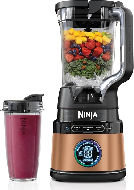Ninja 2-in-1 Detect Power Blender Pro & Single Serve, 1200W Blender with 2L-Jug (1900ml Max Liquid Capacity) & Cup, Blend Smoothies, Chop Vegetables & Mix Ice Drinks, Black/Copper, TB301EUCP