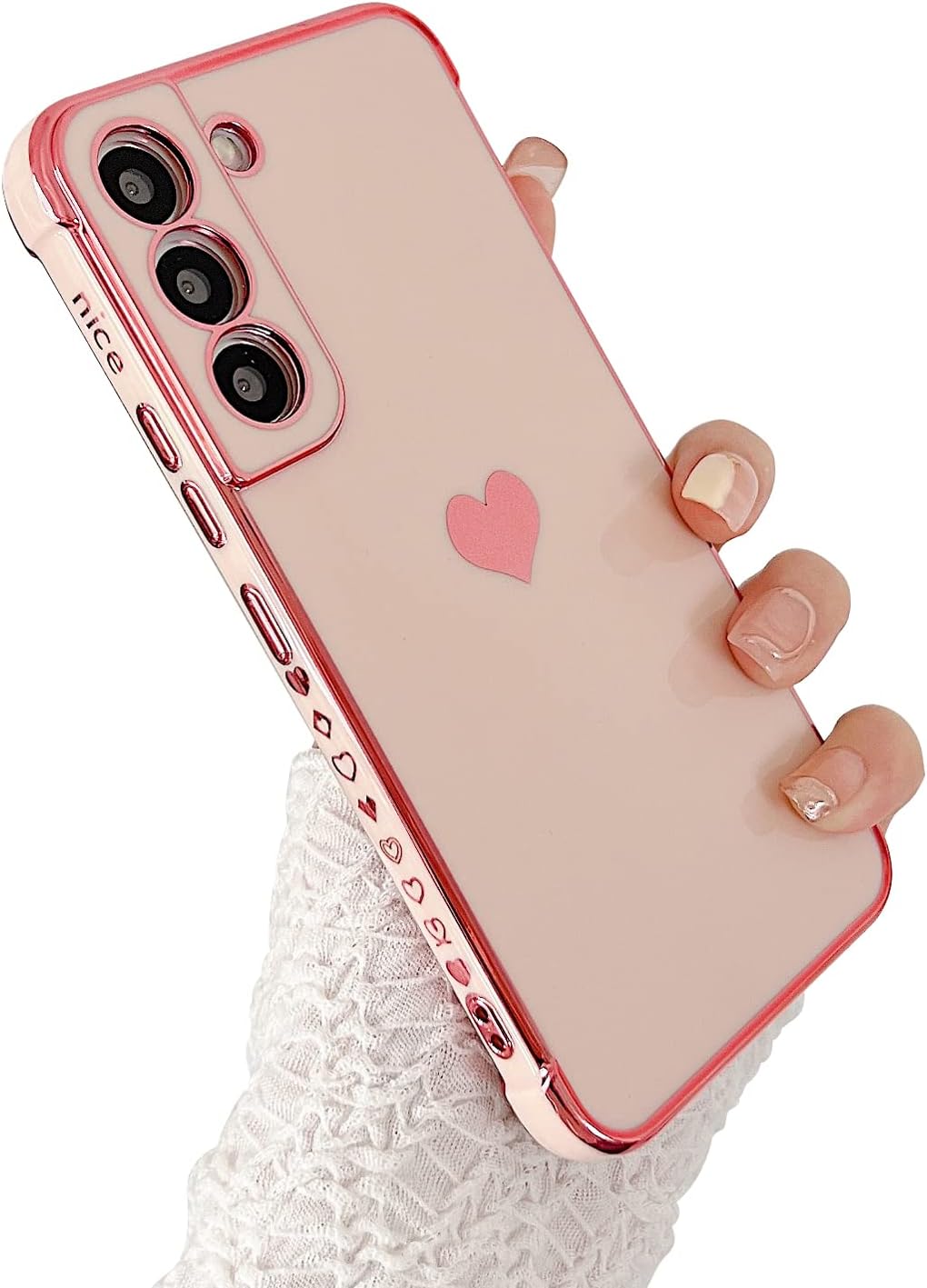PHYLLA Compatible with Samsung Galaxy S22 6.1” 5g Phone Case,Luxury Plating Cute Love Heart Side Small Pattern Phone Case,Full Camera Protection Soft Silicone Airbag Shockproof Bumper Cover Pink