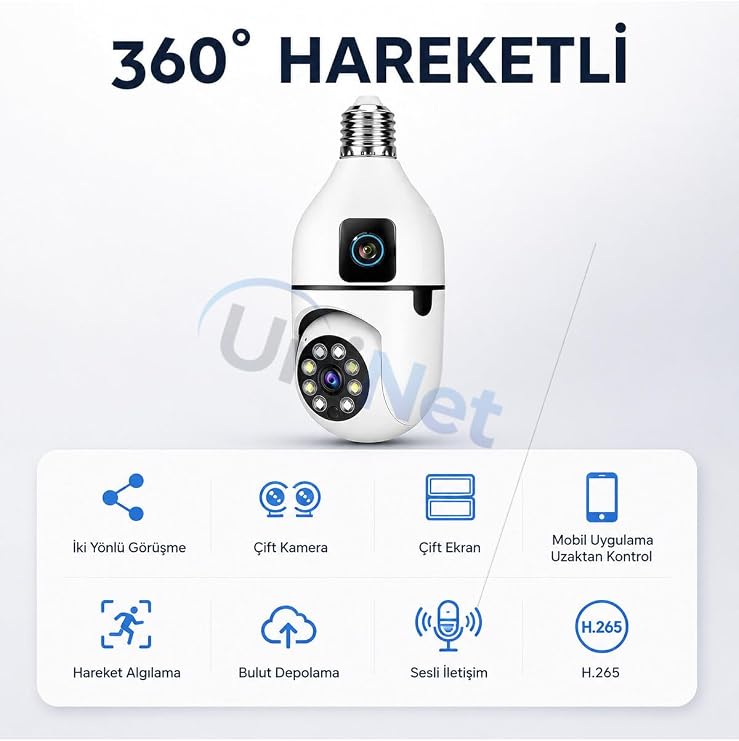 WiFi Güvenlik Kamerası 1080P Full HD Ampul Tipi Çift Kameralı PTZ