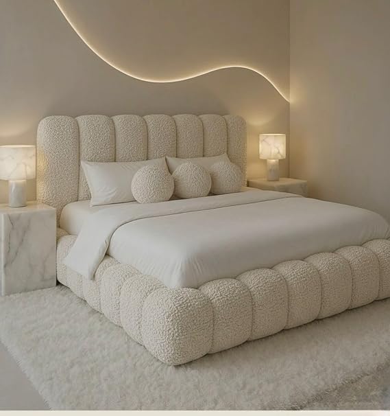 Luxury Cloud Bed Frame with Slatted Ottoman Gas Lift Storage, Teddy Bouclé Fabric, Single, Small Double, Double, King, Super King Size, Ivory Teddy, Super King