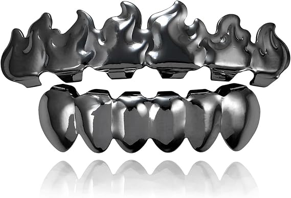 Flame Shape Teeth Grillz Set – 18K Gold Plated, Silver, Rose & Black Top & Bottom Hip Hop Mouth Grills, for Party Streetwear(Black)