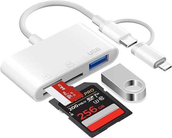 [Apple MFi Certified] SD Card Reader for iPhone, Lighitning USB C Card Reader, 3 in 2 SD Card Reader with SD/Micro SD/USB3.0, Camera Memory Card Reader for iPhone16 15/iPad/Android Samsung/Camera