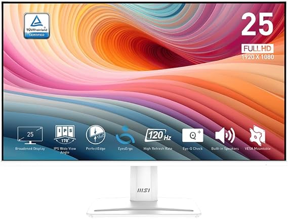 MSI PRO MP251W E2 24.5-inch IPS FHD Gaming Monitor, 120Hz, Adaptive-Sync, HDR Ready, HDMI, DisplayPort, VESA Mount, Tilt, Speaker, 4-Side Slim Bezel, 1ms, White