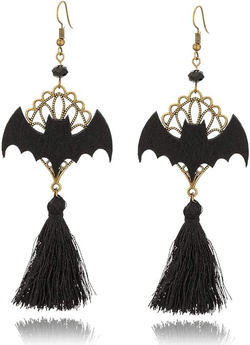 AnotherKiss Punk Gotik Retro Takı Cadılar Bayramı Parti Siyah Yarasa Püsküllü Küpeler Kadınlar Kızlar için Cosplay, Kristal Bronz Metal Kristal Bronz