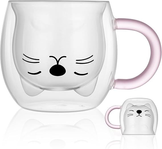 Vicloon Double Wall Glasses,Glass Coffee Cups with Handle,Borosilicate Glass Cups,Cute Cute Cat Mugs,Transparent Double Wall Cups for Tea,Coffee,Milk,Latte,Macchiato