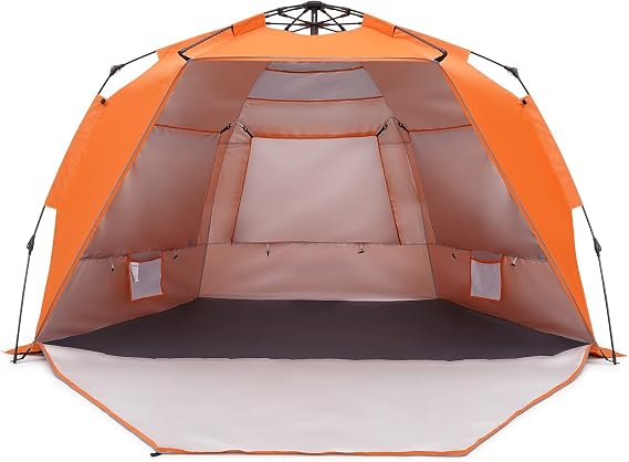 Pop Up Beach Tent, Portable Sun Shade Shelter, UPF 50+ Protection, Easy Setup, Double Silver Coating, 3 Ventilation Windows, Large Size for Family of 4