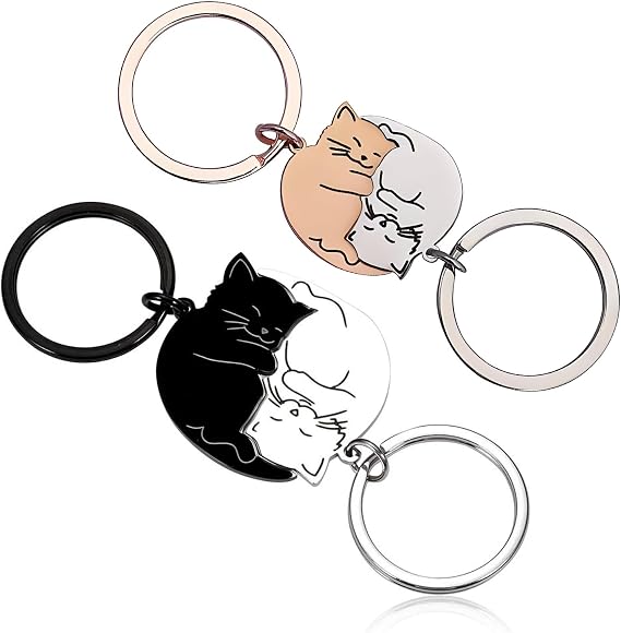 2Pair Cat Matching Couples Keyrings Stainless Steel Funny Cat Love Animal Keychain Valentine's Birthday Wedding Couple Matching personalised Keyring for Women Men