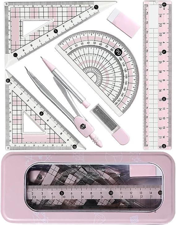 Protractor and Compass Set - Pink Aesthetic Geometry Kit for Secondary School Girls Students, Ideal for Maths & Drawing, Complete with Storage Box (Pink)