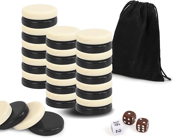 Chess Pieces only - Checkers Pieces Set for Board Games, Includes Backgammon Pieces and Carrom Coins (Beige and black, 32mm)