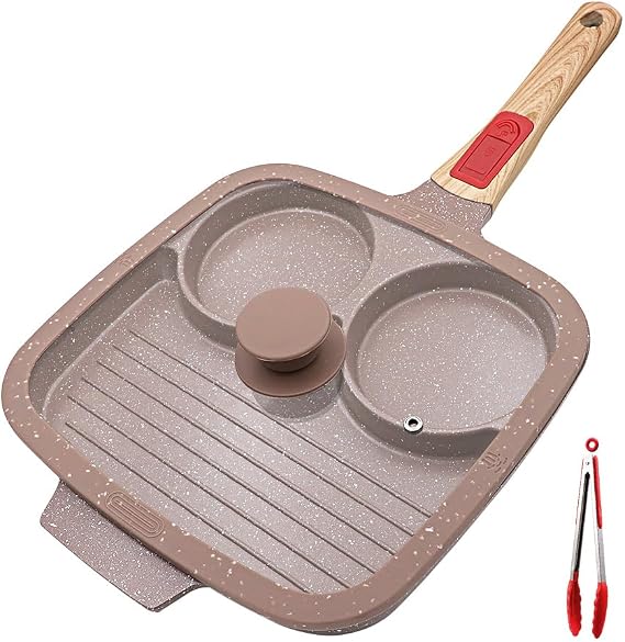 3-in-1 Divided Frying Pan with Lid, 26 cm, Non Stick Ceramic, Brown