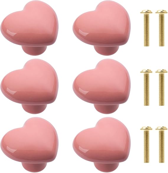 6PCS Furniture Knobs, Heart Ceramic Drawers Knobs, Pink Door Knobs, Cute Handmade Decorative Handles with Screws for Children's Room, Drawers, Cupboard, Wardrobe, Bookcase